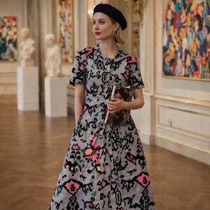 BURU | Donna Day Gown | Artful Ikat Cotton Poplin Midi Dress | Size M